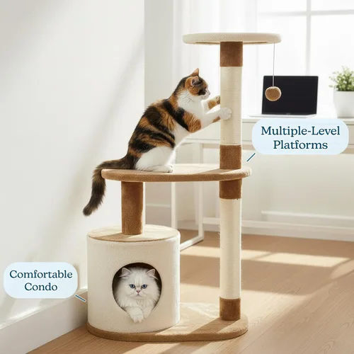 Vista 5 de PETMAKER Cat Tree Condo de 3 niveles con condominio y postes rascadores, 37.5 pulgadas, marrón y bronceado
