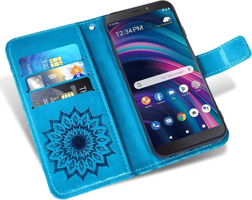 Vista 2 de Asuwish Funda para teléfono BLU View 3 B140DL con protector de pantalla de vidrio templado y piel de girasol, delgada, soporte para tarjetas Azul