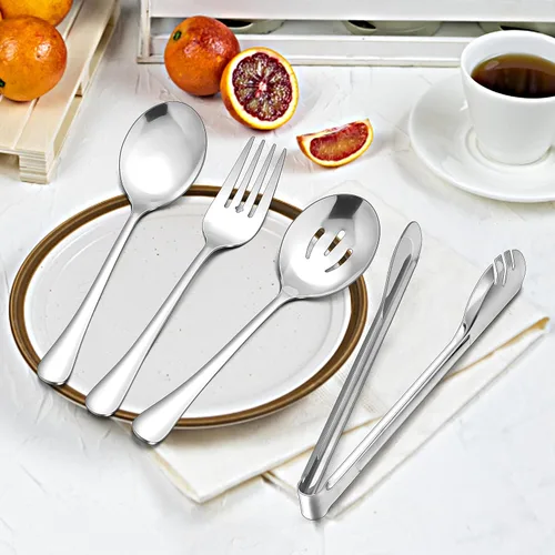 Vista 5 de Herogo Juego de 12 utensilios de acero inoxidable para servir, cucharas de 8.7 pulgadas, cucharas ranuradas, tenedores, pinzas de servir de 9.4
