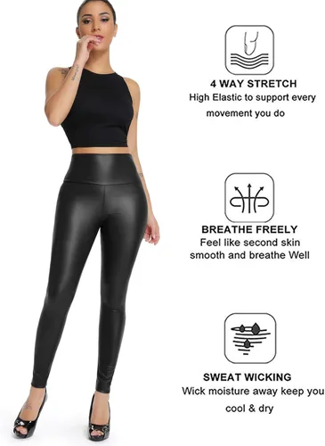 Vista 4 de KIWI RATA - Leggings de piel sintética de poliuretano, cintura alta, para mujer, con levantamiento de glúteos, color negro, sexy, para deportes