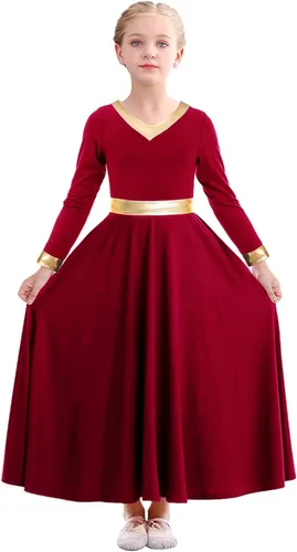 Vista 3 de Vestido de baile de alabanza para niñas, color dorado metálico, vestido litúrgico, vestido de iglesia, vestido de longitud completa, disfraz lírico