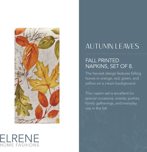 Vista 2 de Elrene Home Fashions - Servilletas de tela con estampado de hojas de otoño, 17 x 17 pulgadas, juego de 8