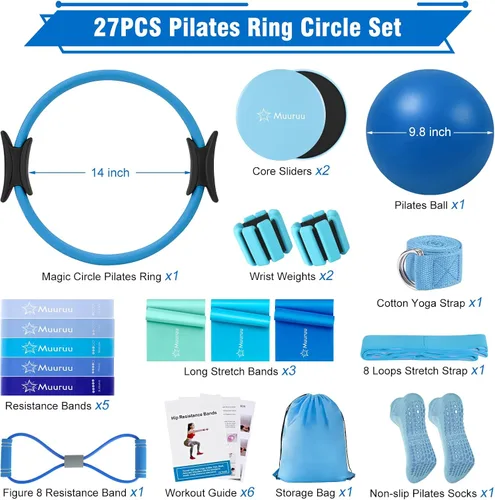 Vista 2 de Pilates Kit Equipment, Pilates Ring and Ball for Women Home Workout Pilates Set with 14'' Magic Circle, Wrist Weights, Resistance Bands, Yoga