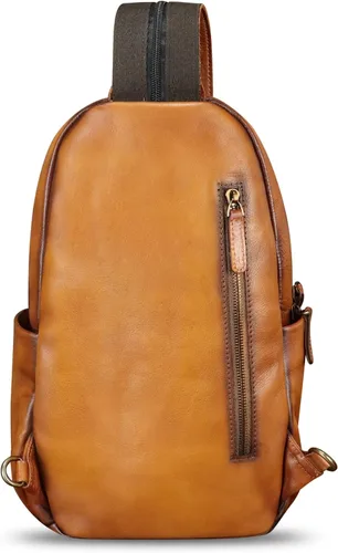 Vista 7 de Bolso de cuero genuino para hombres y mujeres, mochila grande tipo bandolera para iPad Pro de 12.9 pulgadas, Marrón, Mediana