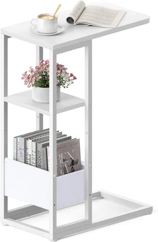 Vista 14 de Mesa auxiliar en forma de C con estación de carga, mesa lateral pequeña para sofá reclinable, mesas de aperitivos deslizables debajo del sofá