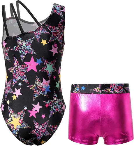 Vista 2 de Gymnastics Leotards for Girls Shiny Dancewear with Matching Shorts Two-Piece Set Activewear