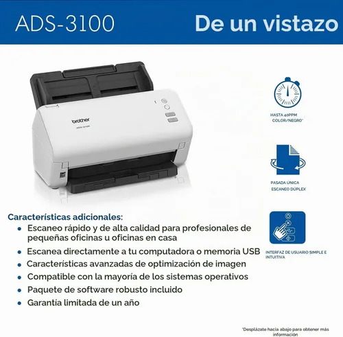 Vista 3 de Brother ADS-3100 - Escáner de escritorio de alta velocidad Compacto con velocidades de escaneo de hasta 40 ppm, blanco Escaneo de documentos