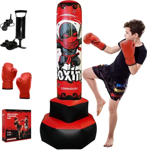 Vista 8 de COMMOUDS Saco de boxeo de 67 pulgadas para niños, juego de boxeo inflable con guantes, saco de boxeo de rebote rápido para practicar karate