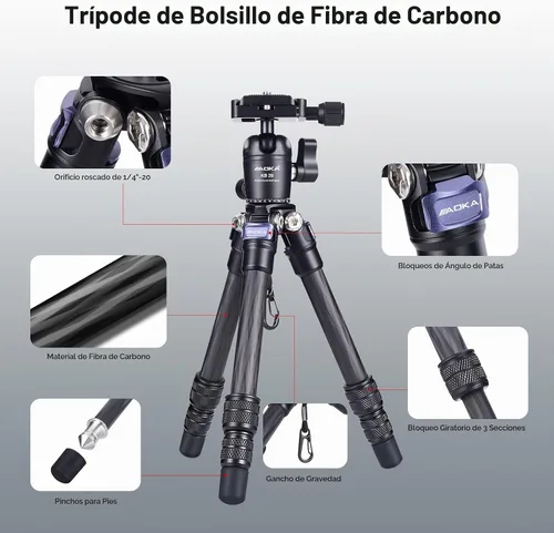 Vista 3 de AOKA - Mini trípode de escritorio de fibra de carbono de 15.75"/0.99lb