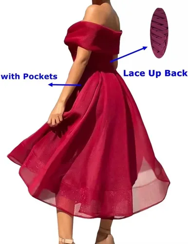Vista 5 de Vestidos de fiesta con hombros descubiertos para mujer, plisados, acampanados, de tul formales, vestidos de noche elegantes con bolsillos