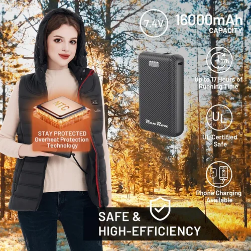 Vista 2 de RenRon Chaleco térmico para mujer con capucha, batería de 7.4 V 16000 mAh, capucha térmica desmontable, chaleco térmico para mujer