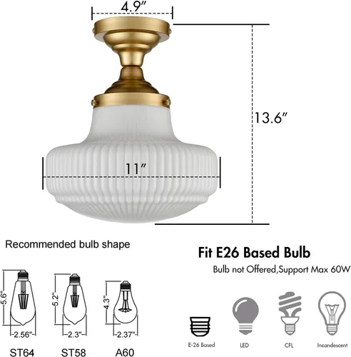 Vista 3 de CLAXY - Lámpara de techo moderna dorada con pantalla acanalada semiempotrada Dimmable E26 Based, Indoor Light, Ribbed Milk Glass Lampshade Light