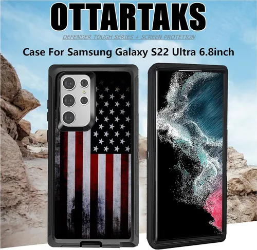 Vista 7 de Funda compatible con Samsung Galaxy S22 Ultra, diseño de bandera estadounidense antigua con protector de lente de cámara resistente
