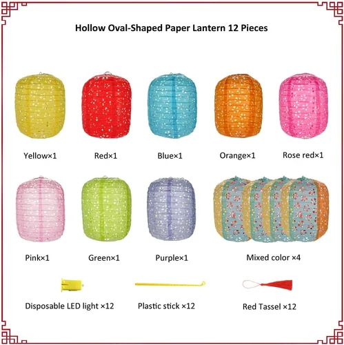 Vista 2 de Paquete de 12 linternas de papel chinas, japonesas, colgantes de papel con luces LED, borlas de 6.3 pulgadas, ovaladas para decoraciones de Año