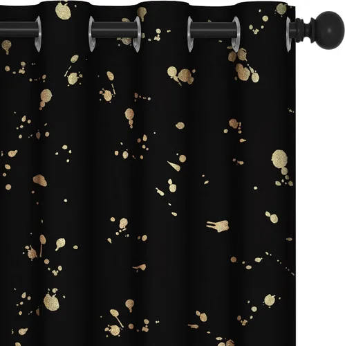 Vista 56 de Deconovo - Cortinas opacas con diseño dorado estampado y ojales, negro, de 42 pulgadas de ancho x 45 pulgadas de largo