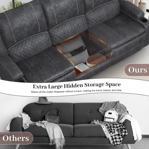 Vista 4 de Yolsali Sofá reclinable de 3 plazas, sofá reclinable manual con asiento central multifuncional, sofá reclinable para sala de estar con espacio