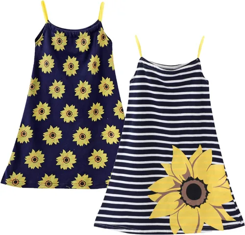 Vista 2 de HILEELANG Vestido de verano para niña, sin mangas, de algodón, casual, con tirantes delgados, camiseta de jersey, vestido de playa fresco