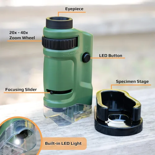 Vista 5 de Carson MicroBrite - Microscopio de bolsillo con luz LED 20x-40x para aprender, educar y explorar, juego de 6 (MM-24MU)