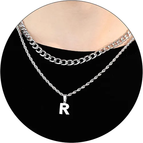 Vista 29 de SENRAN Collar con inicial en capas de la A a la Z para hombre, cadena de cuerda torcida de acero inoxidable de 18 a 20 pulgadas, dije de letra