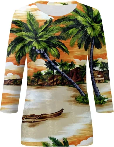 Vista 4 de Camisas hawaianas para mujer, con estampado tropical, manga 34, casual, para playa, estilo bohemio, primavera
