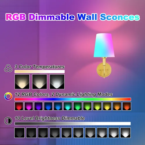 Vista 5 de Aplique de pared inalámbrico recargable, funciona con pilas, con control remoto, lámparas de pared con bombillas LED RGB regulables, sin cableado