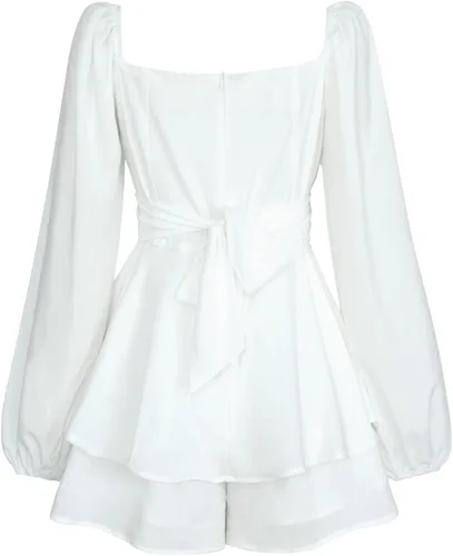 Vista 6 de Mameluco de manga abombada para mujer, vestido con volantes y hombros descubiertos con pantalones cortos de manga larga con capas fluidas de pirata