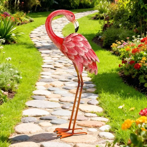 Vista 6 de Shorayn Estatuas de jardín, esculturas de flamenco, arte de metal para patio, arte de pájaro rosa, decoración de patio trasero al aire libre, patio