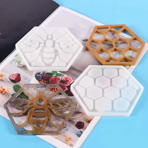 Vista 6 de Paquete de 2 moldes hexagonales de resina de silicona de grado alimenticio para fundición epoxi, soporte para tazas de automóvil, bandeja de ágata