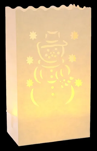 Vista 2 de CleverDelights Bolsas luminarias blancas – 30 unidades – Diseño de muñeco de nieve – Papel resistente al fuego – Decoraciones navideñas al aire