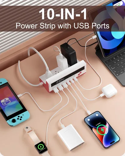 Vista 2 de Regleta de alimentación con puertos USB, cable de extensión de puertos USB 10 en 1 de 100 W con 4 salidas de CA, 3 puertos USB-C y 3 puertos USB-A