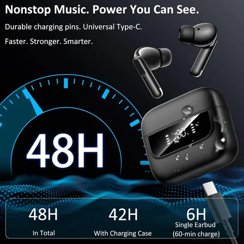 Vista 6 de Auriculares inalámbricos Bluetooth 5.4, 6 micrófonos ENC cancelación de ruido llamada clara, auriculares intrauditivos sonido estéreo de alta Negro