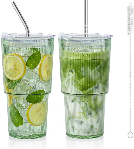 Vista 14 de 2 vasos de plástico de 15 onzas con tapas y pajita, tazas de plástico reutilizables para café helado, a prueba de fugas, vasos de viaje para café