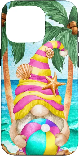 Vista 20 de iPhone 16 Funny Hawaiian Summer Gnome Under Palm Tree For Beach Surfer Case
