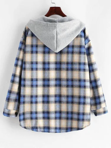 Vista 3 de ZAFUL Women's Plaid Fleece Lined Hooded Jacket Button Up Oversized Fuzzy Coat Checkered Flannel Hoodie Jacket