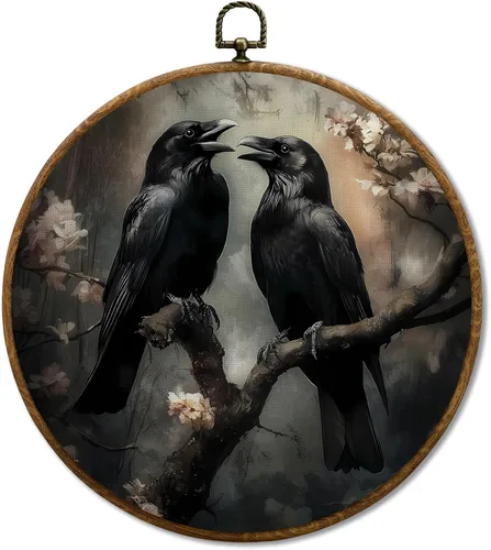 Vista 17 de JUIOEIU Decoración de pared redonda de búho de hongo con núcleo de cabaña, impresiones en lienzo enmarcadas con diseño de búho lluvioso oscuro