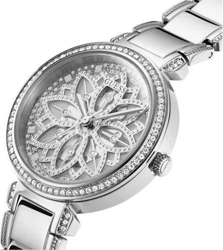 Vista 4 de GUESS US - Reloj analógico con corte floral plateado para mujer