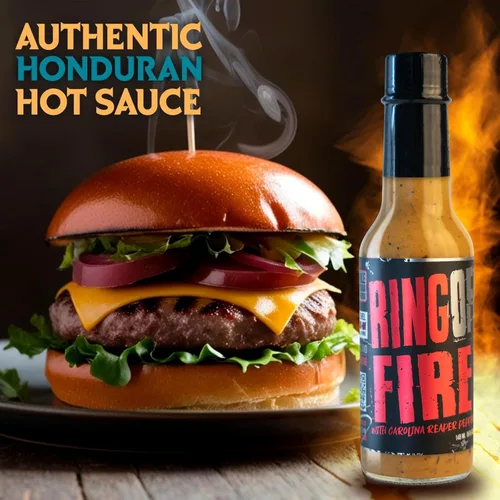 Vista 5 de Hot Sauce Chile Lengua de Fuego (paquete de 1, anillo de fuego) - Salsa ultra caliente de Carolina Reaper con miel, ron, eneldo y ajo