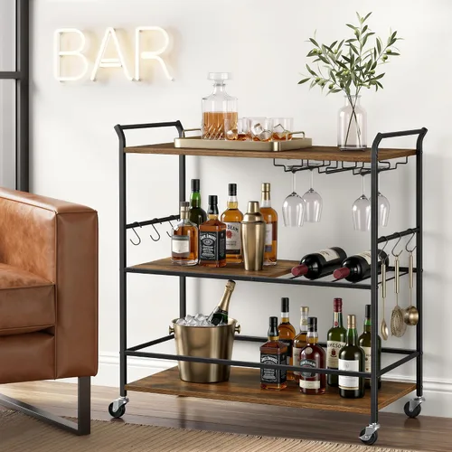 Vista 7 de VASAGLE Carrito de bar, estante de 3 niveles, soportes para vino Negro tinta