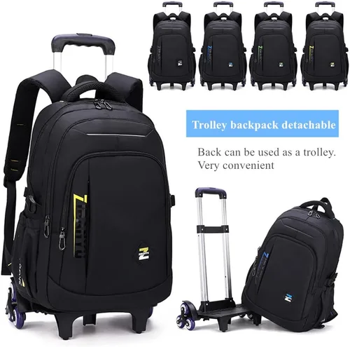Vista 6 de Mochila con ruedas de color sólido para niños, para escuela secundaria, con ruedas, Verde Negro, Moderno