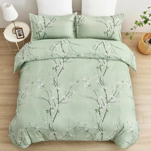 Vista 4 de WONGS BEDDING Juego de funda de edredón floral verde salvia Queen, 3 piezas juego de ropa de cama con estampado de flores de ciruelo con 2 fundas