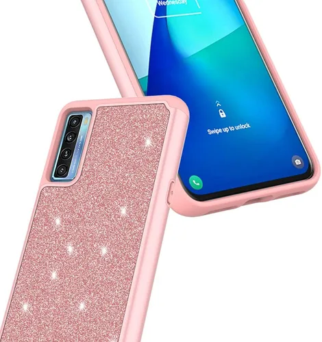 Vista 3 de Funda diseñada para TCL 20S con purpurina con vidrio templado, absorción de golpes, antiarañazos, resistente, duradera, protección contra caídas Oro
