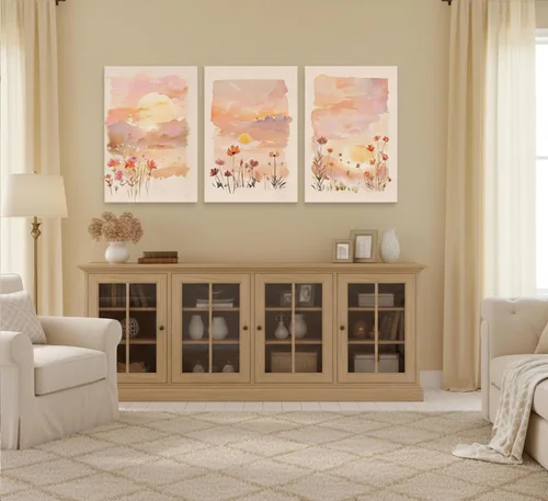 Vista 3 de 3 piezas de lienzo de amanecer para pared, flores silvestres rosas rubor, flores silvestres florales y naranjas, acuarela, pinturas de paisaje