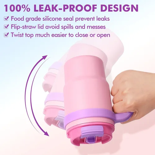 Vista 5 de Fimibuke Taza térmica para niños con asa y pajita - 16 oz Vaso a prueba de fugas para niños pequeños con tapa 2-en-1 de sorbo/trago, sin BPA