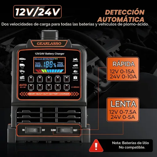 Vista 3 de Cargador de batería de coche de 12 V/24 V, 10 modos, mantenedor automático de batería