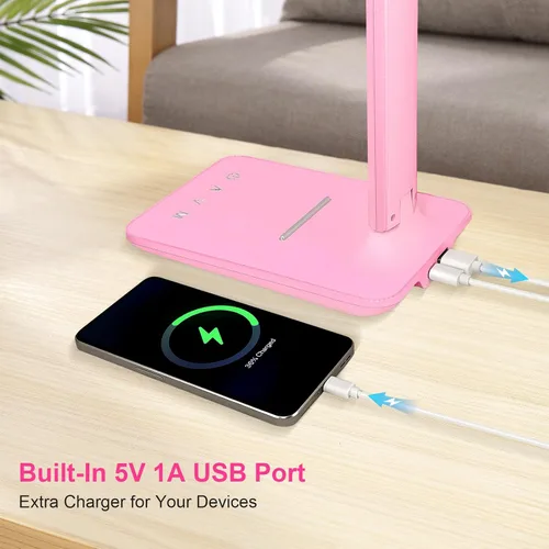 Vista 3 de Lámpara de escritorio LED White Crown, lámpara de mesa regulable, lámpara de lectura con puerto de carga USB, 5 modos de iluminación, control Rosa