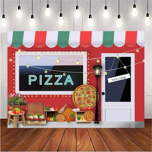 Vista 3 de Fondo de fotografía de pizzería 1er cumpleaños, decoración de fiesta de pizza, telón de fondo para niñas y niños, tema de cocina, fondo de fiesta