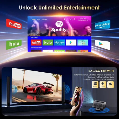 Vista 3 de Proyector con WiFi y Bluetooth, enfoque eléctrico y Keystone vertical, soporte HD 4K de 1080P, proyector inteligente con aplicaciones de transmisión