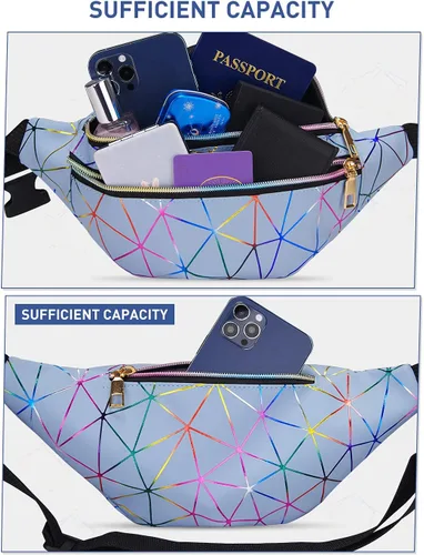 Vista 3 de Livacasa - Cangurera holográfica linda, brillante e impermeable para mujer, cangurera para viajes, fiestas, festivales, correr y senderismo, Azul