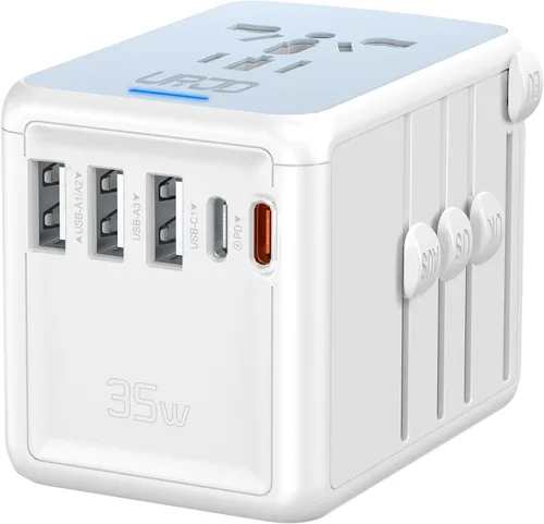 Vista 9 de Adaptador de viaje universal con carga rápida USB-C PD de 35 W, 5 puertos USB C/A, salida de CA de 2500 W, adaptador de corriente internacional