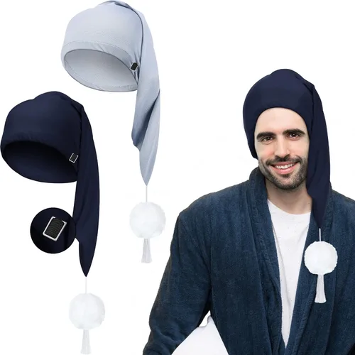 Vista 8 de Geyoga Gorro de dormir de noche de seda ajustable con cordón ajustable para hombre con bola de pompón para uso diario Negro